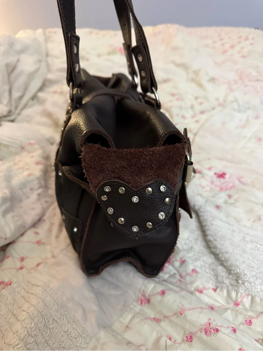 Hand Crafted Dark Brown Genuine Leather Biker Satchel Bag with Stud Heart Pocket